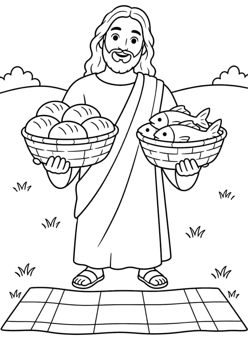 Smiling Jesus holding a basket of bread rolls and a basket of fish, standing on a picnic cloth with grass tufts