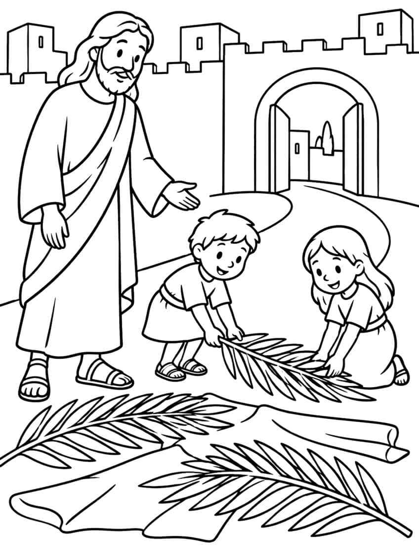 Jesus with a boy and girl laying palm branches and a cloak on a road before a city gate