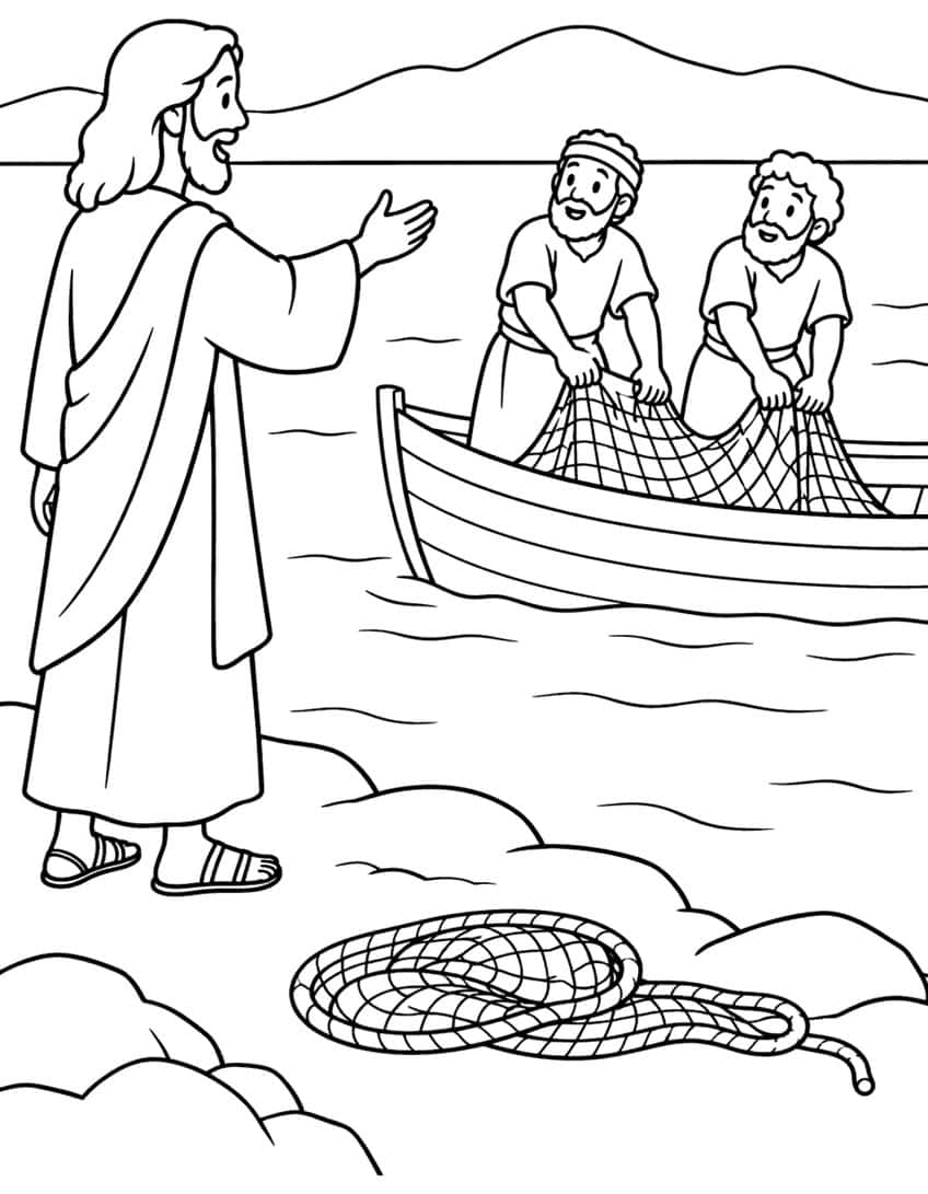 Jesus on the shore beckoning two fishermen holding a net in a boat, with a coiled net and rocks