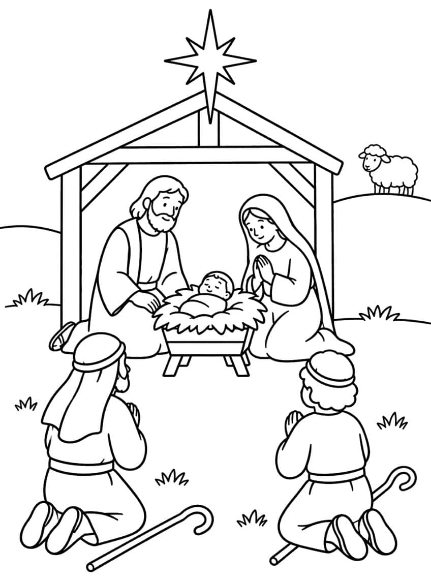 Two kneeling shepherds with crooks, a manger with baby, Mary, Joseph, stable, star and a lamb on a hill