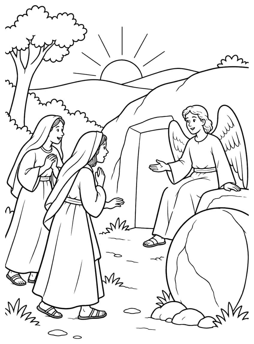 Two veiled women meet a seated angel beside an open rock tomb, with a large round stone, a tree and a rising sun