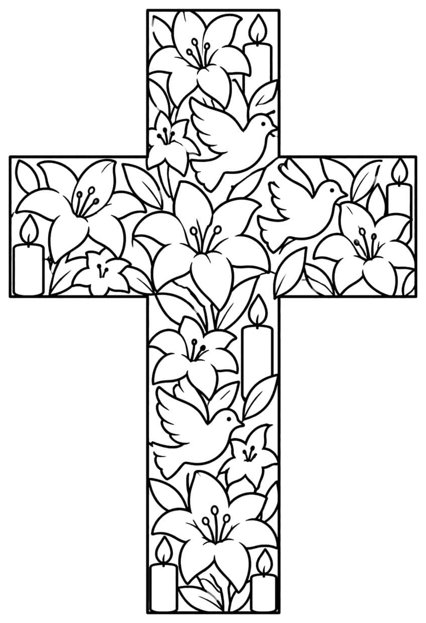 Cross outline filled with lilies, leaves, three flying doves and six candles