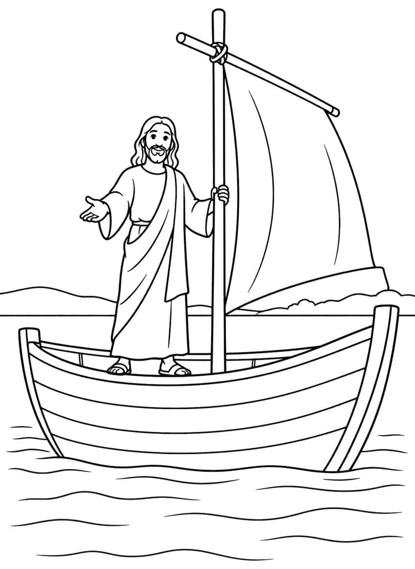 Jesus in robe and sandals standing in a wooden boat with a mast, large sail, waves and hills