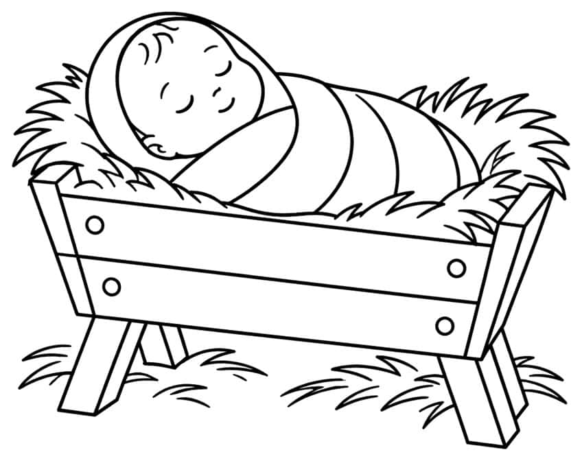 Swaddled sleeping baby in a wooden manger with straw and hay tufts