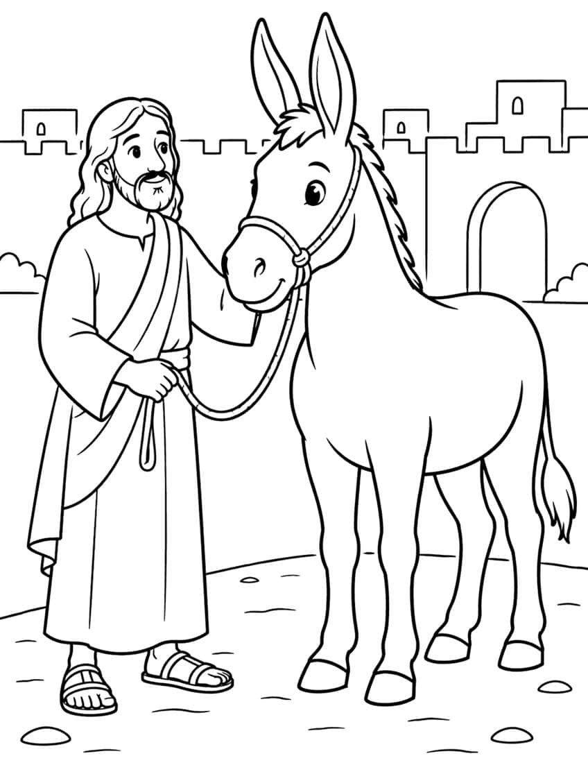Jesus in a long robe stroking a donkey with a rope halter in front of a city wall with an arched gate