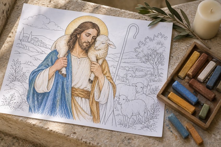 jesus coloring page partly colored in with pencils