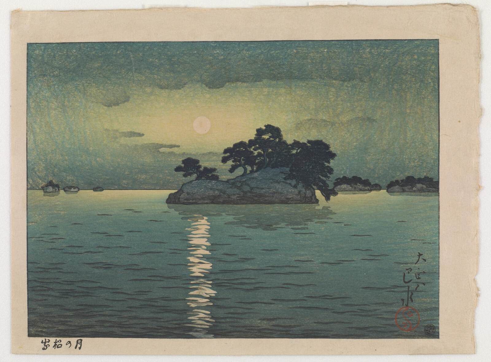 Moonlight spreads across Matsushima Bay in Hasui's 1919 woodblock print.