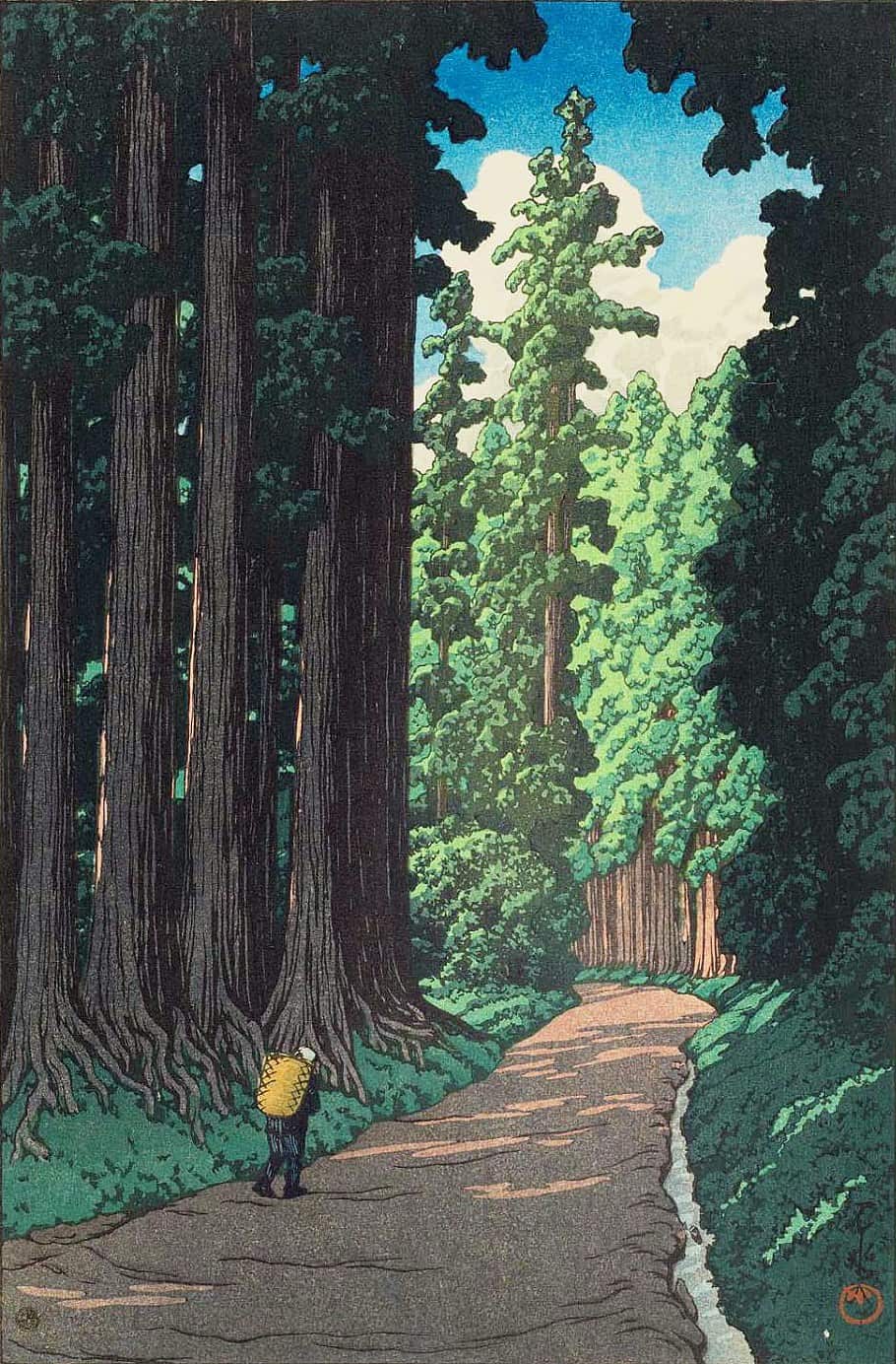 A lone figure walks beneath tall cedars in Hasui's Nikkō Kaidō, published in 1930.