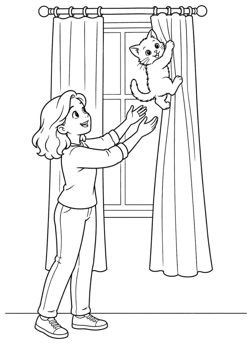 Coloring page of a kitten climbing a curtain as a girl reaches up to catch it