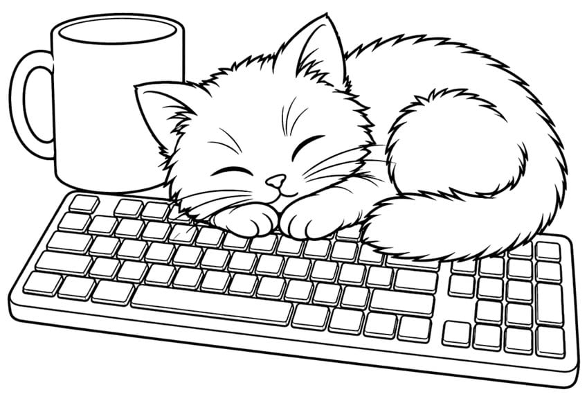 Coloring page of a sleeping kitten lying on a keyboard beside a mug