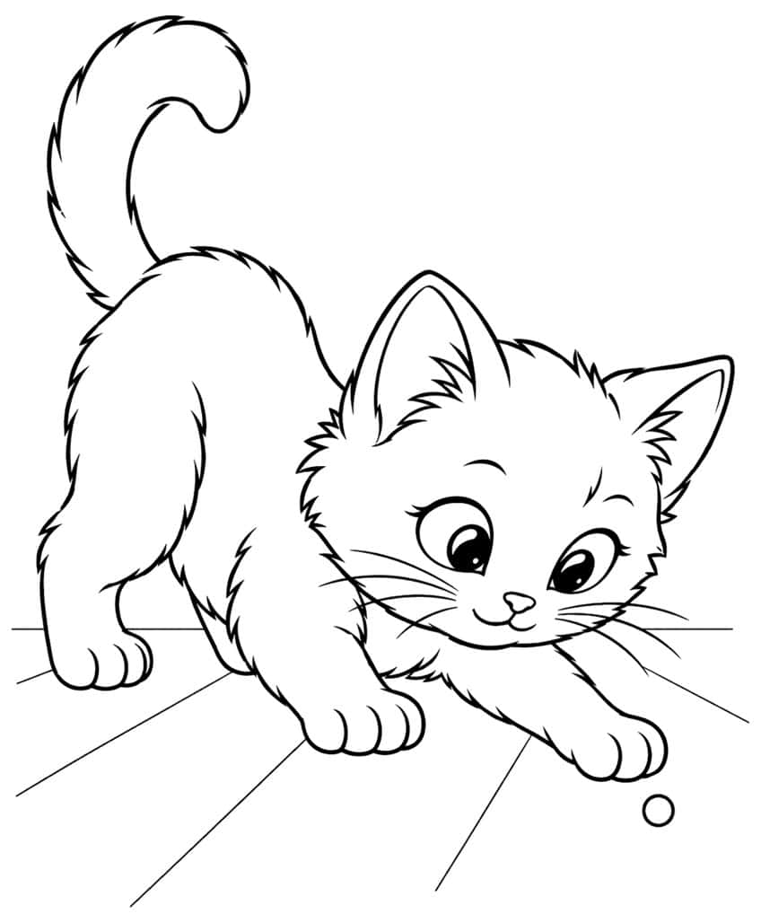 Coloring page of a kitten crouching on floorboards, paw reaching for a small dot