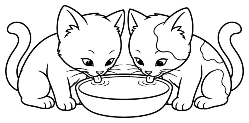 Coloring page with two kittens drinking milk from a shared bowl