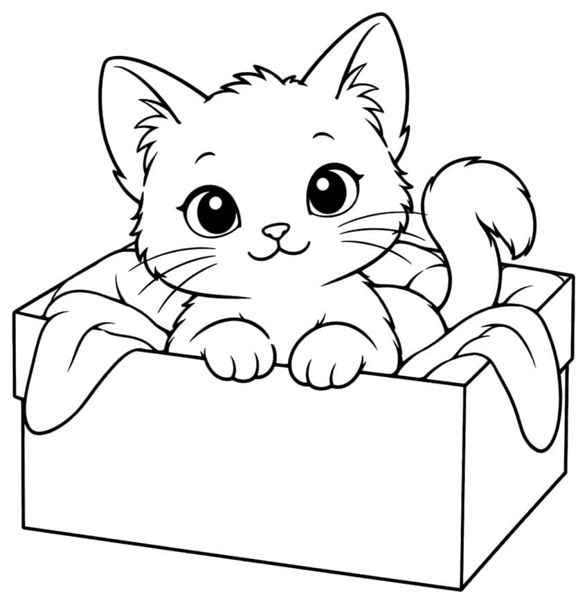 Coloring page of a kitten looking out of a cardboard box with a blanket