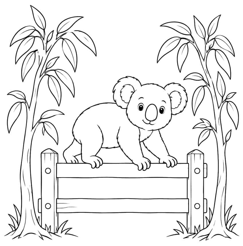 Koala leaning over a wooden fence between two eucalyptus trees, coloring page
