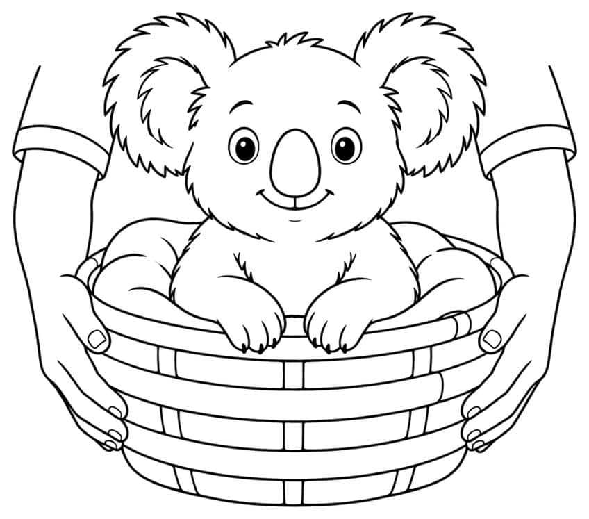 Coloring page of a koala sitting in a basket held by two hands