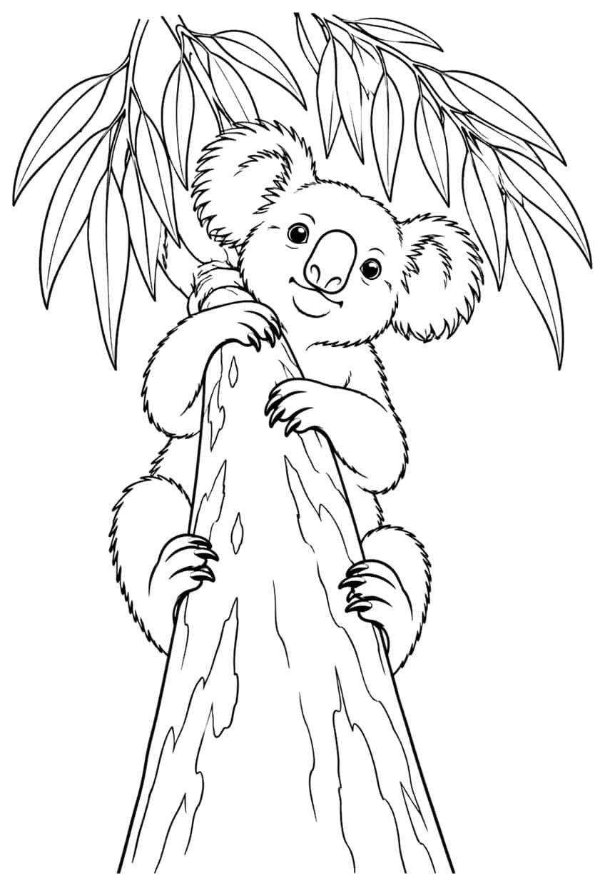Koala coloring page: koala hugging a eucalyptus trunk under hanging leaves
