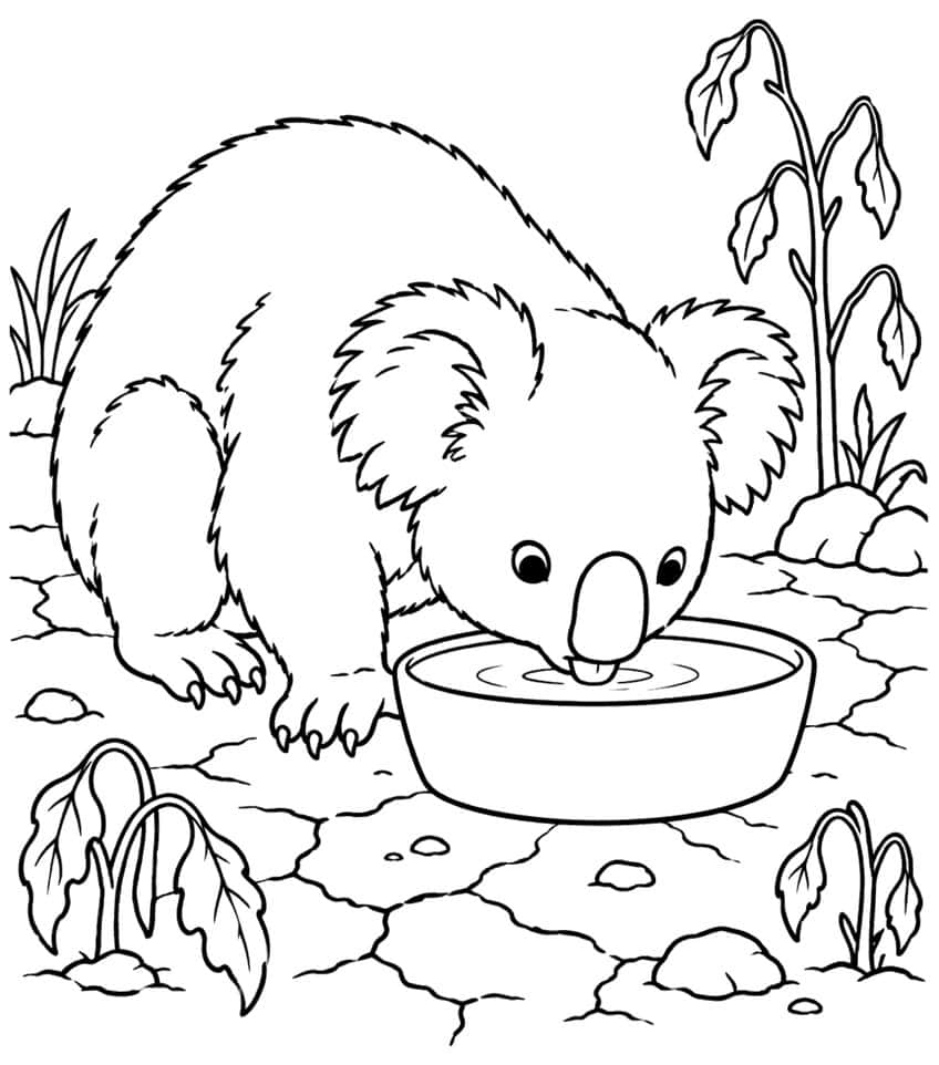 Koala drinking from a water bowl on dry ground, coloring page