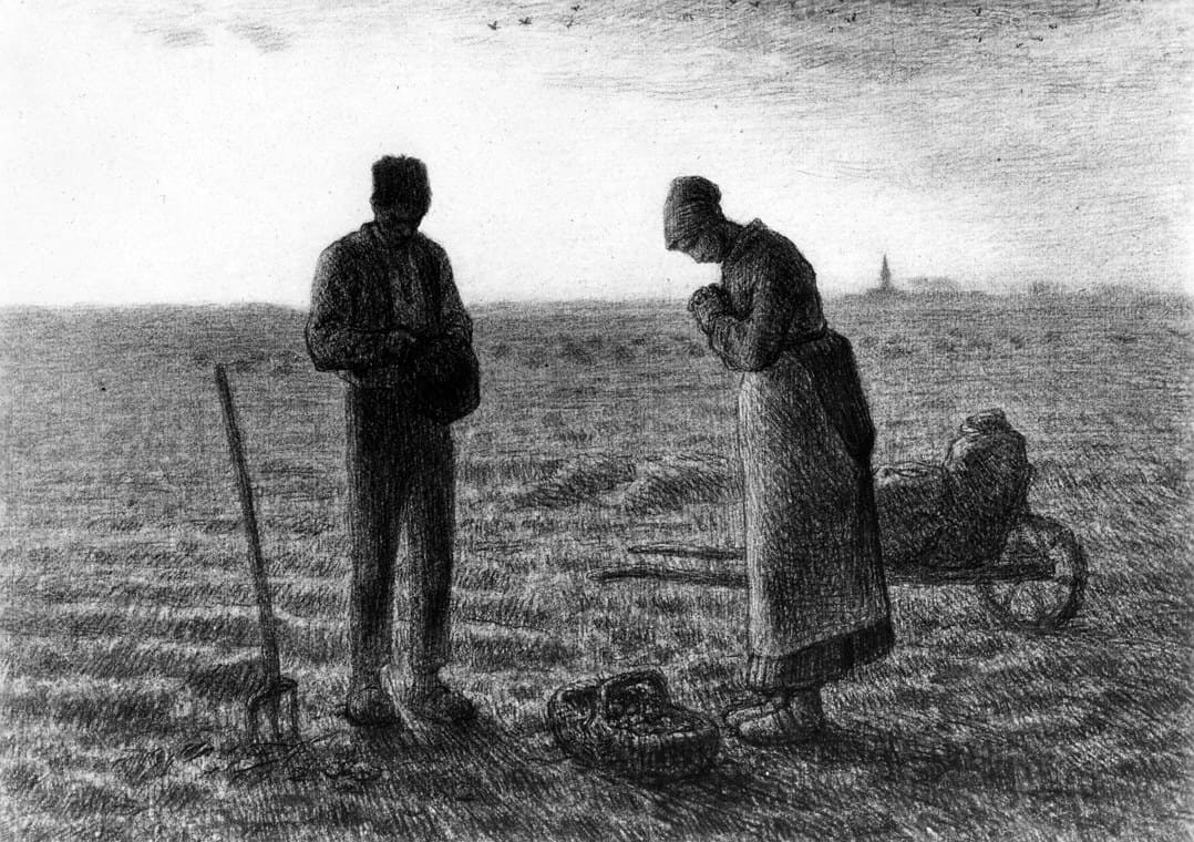 Jean-François Millet - The Angelus - Walters 37903. This drawing is a later version of Millet's best-known painting (now in the Musée d'Orsay, Paris). A young peasant and his compa