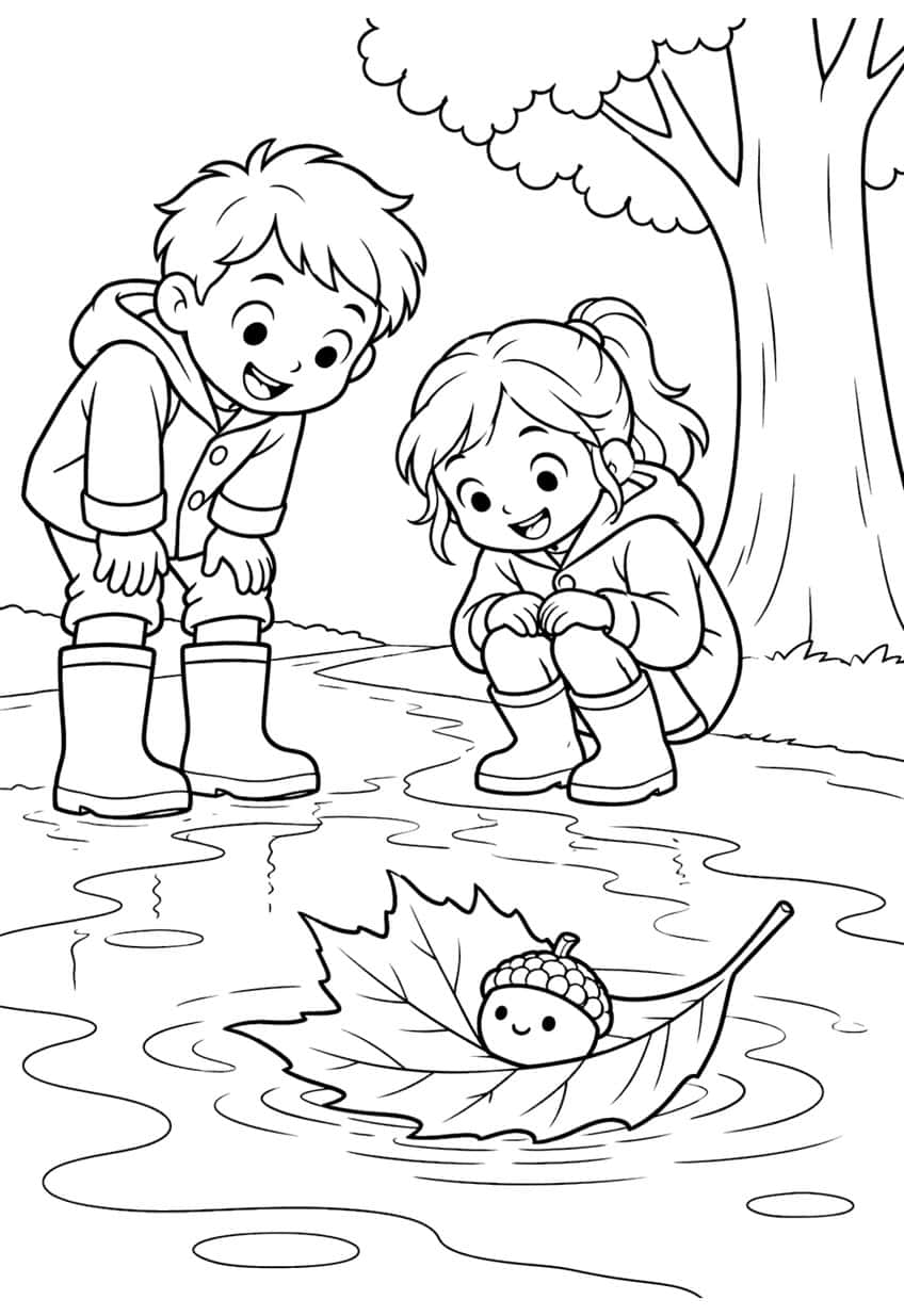 Boy and girl in rain boots watch a leaf boat with a smiling acorn float on a puddle near a tree