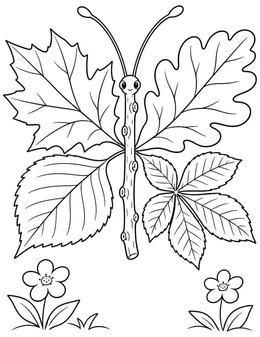 Butterfly with twig body and maple, oak, birch and chestnut leaf wings above two flowers