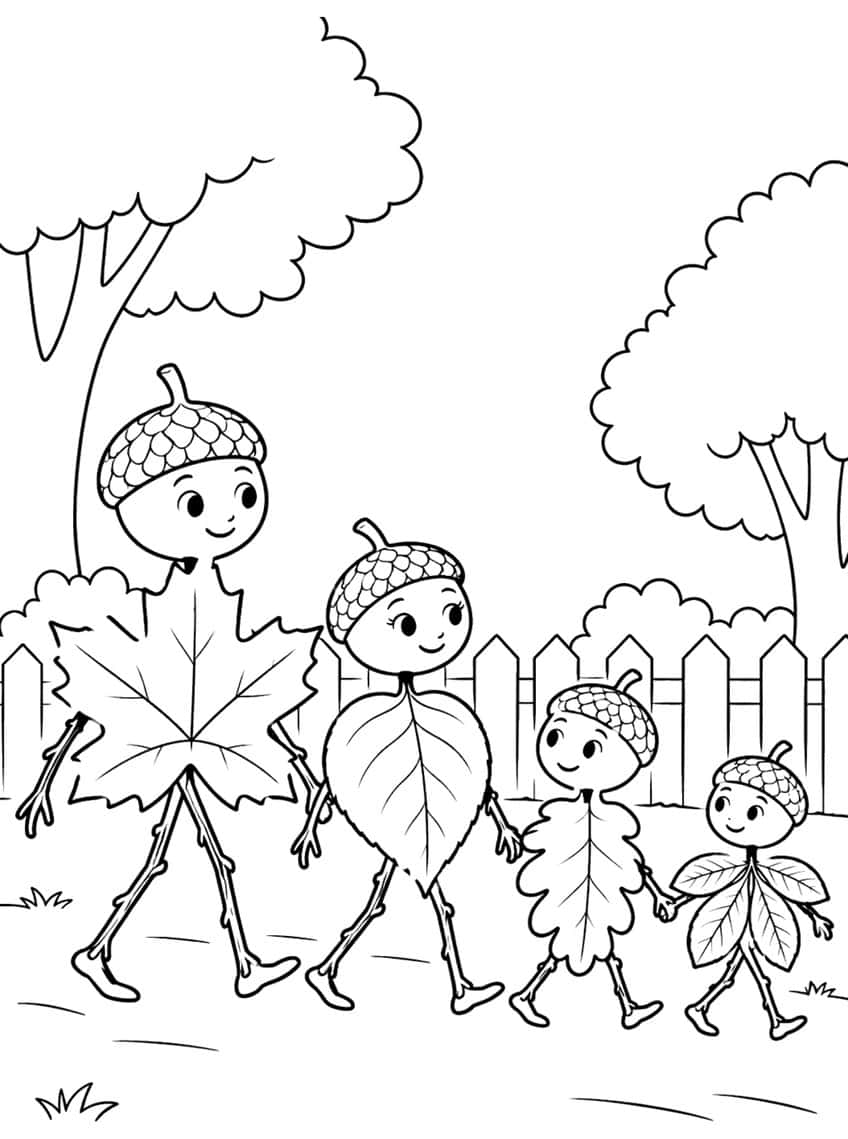 Four acorn-headed leaf characters walking by a fence, with trees and grass tufts behind them