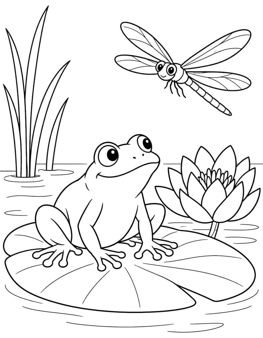 Smiling frog on a lily pad looking at a dragonfly, with a water lily and reeds in a pond