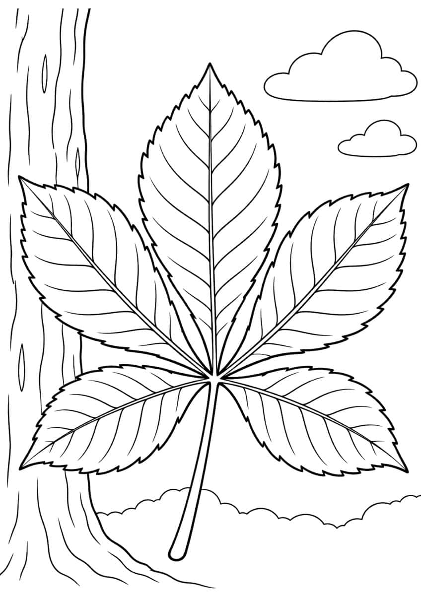 Horse chestnut leaf with five toothed leaflets, a tree trunk on the left and clouds