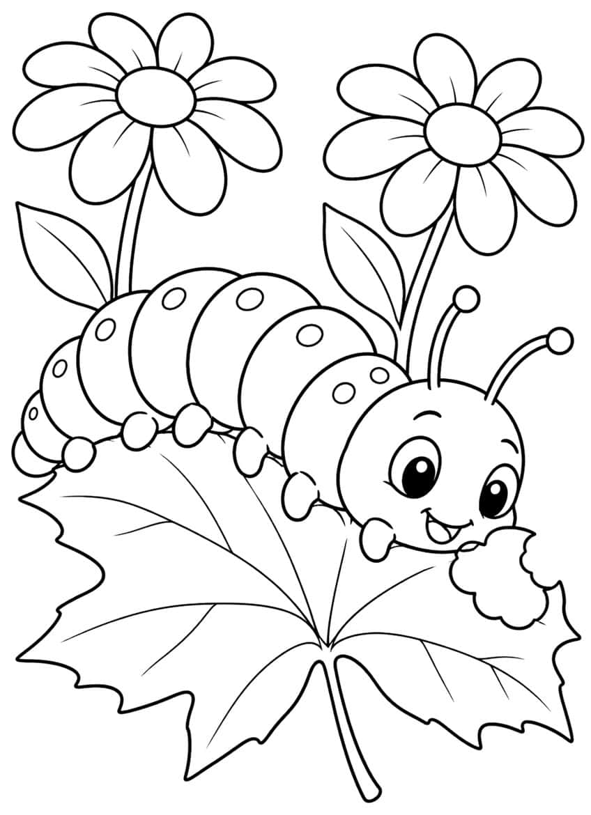 Smiling caterpillar on a bitten maple leaf with two daisies and leaves behind it