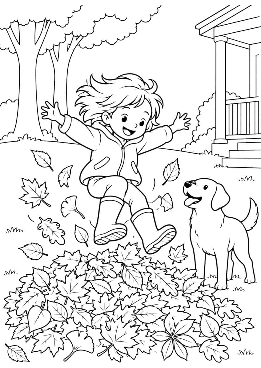 Child in rain boots jumping into a pile of autumn leaves, dog beside it, tree and porch behind