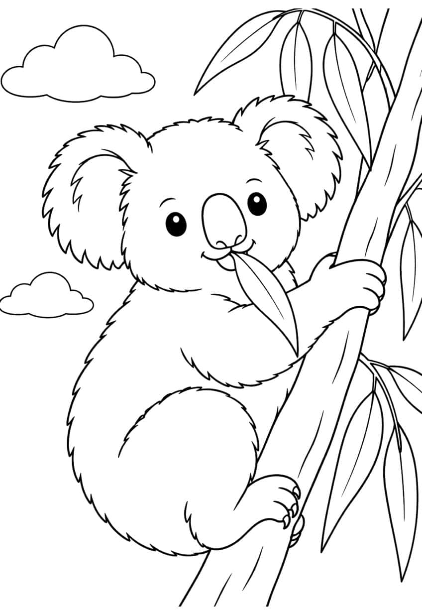 Smiling koala holding a eucalyptus leaf in its mouth while climbing a tree trunk, with clouds and leaves