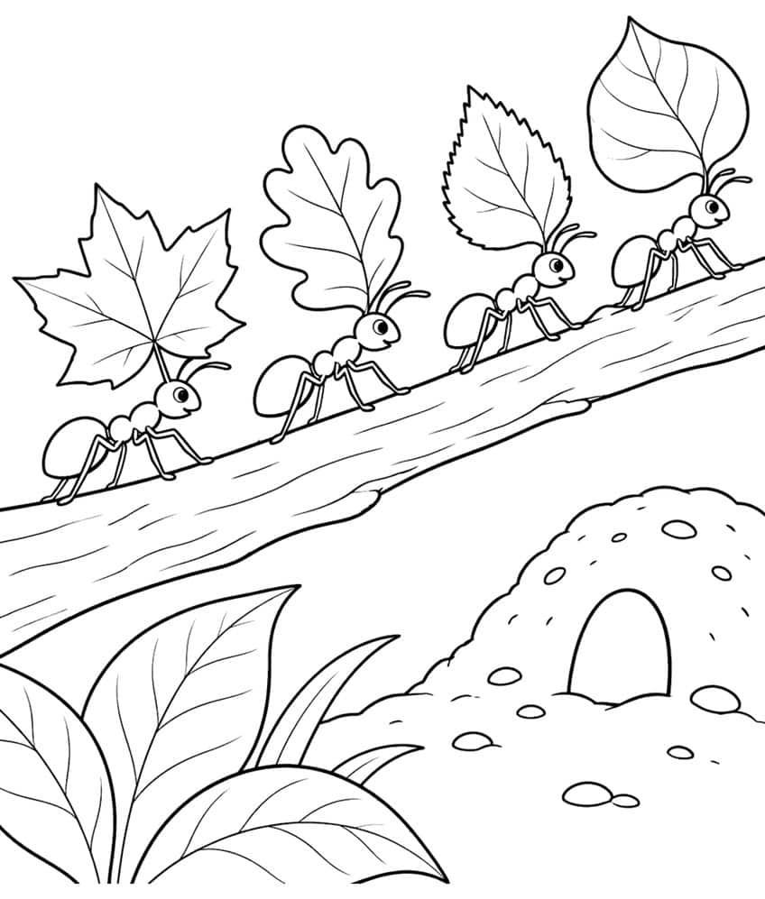 Four ants carry maple, oak and other leaves along a branch toward an anthill with a door