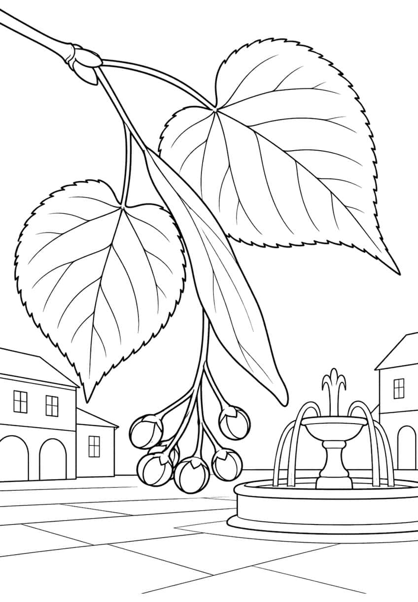 Linden twig with two heart-shaped leaves and round fruits above a town square with a fountain and houses