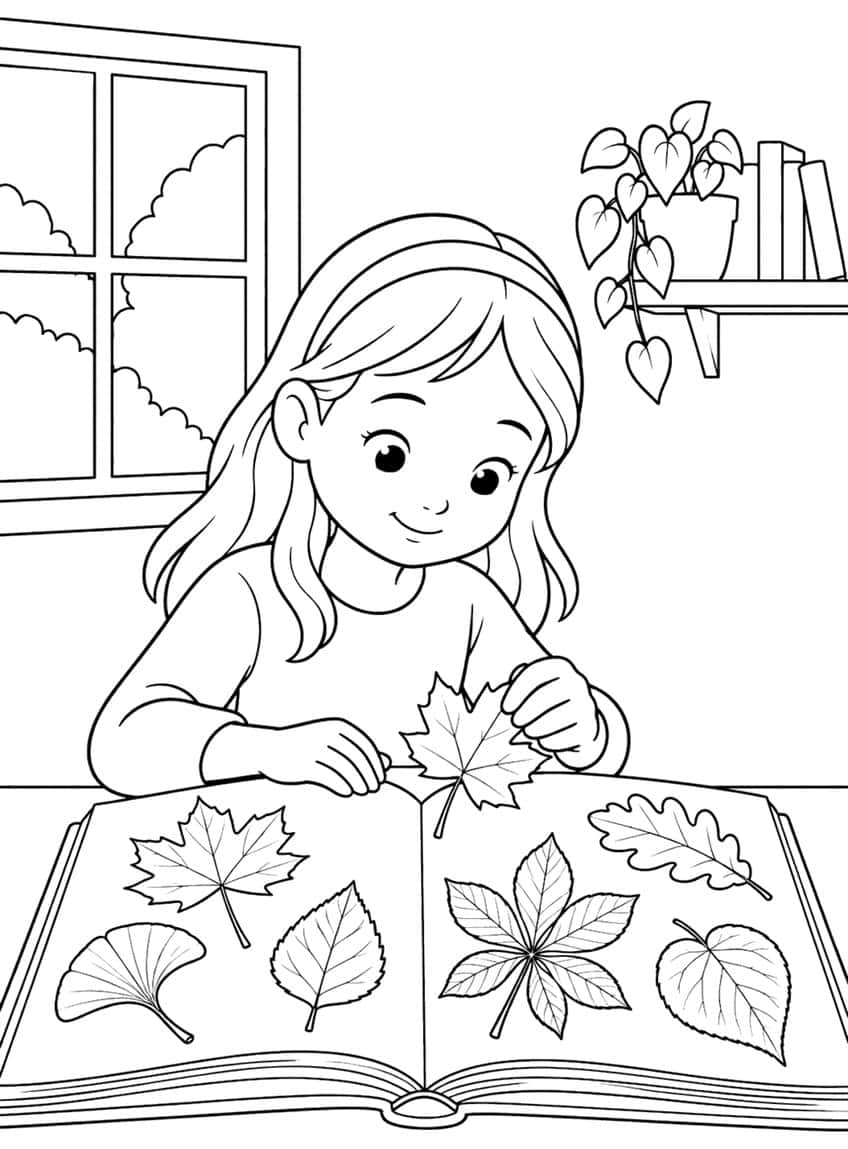 Girl at a table placing a maple leaf in an open book of pressed leaves, window and plant behind
