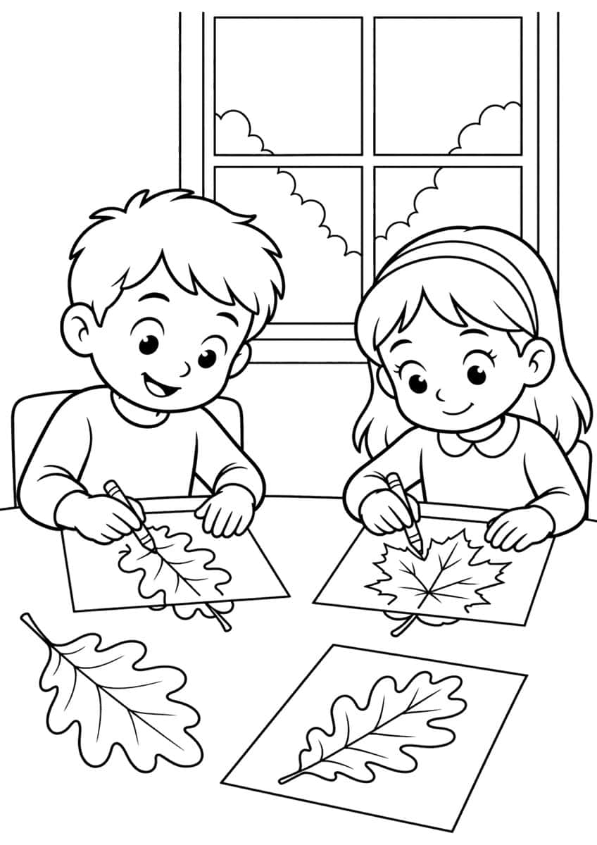 Boy and girl making crayon leaf rubbings of oak and maple leaves at a table by a window