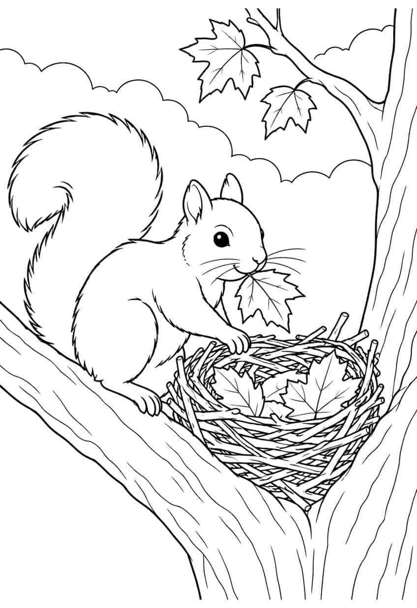 Squirrel with a leaf in its mouth beside a twig nest with leaves in a tree, maple leaves and clouds above