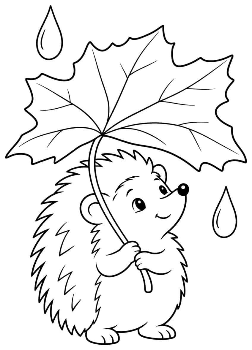 Smiling hedgehog holding a large maple leaf as an umbrella with two raindrops