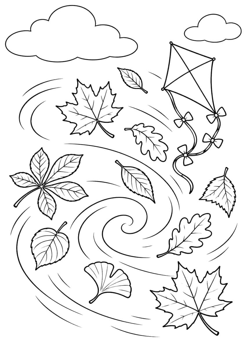 Maple, oak, chestnut and ginkgo leaves whirling in wind swirls near a kite with bows and two clouds