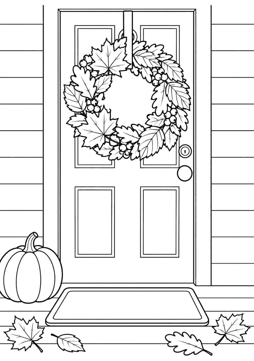Leaf wreath with berries on a paneled door, pumpkin, doormat and fallen leaves