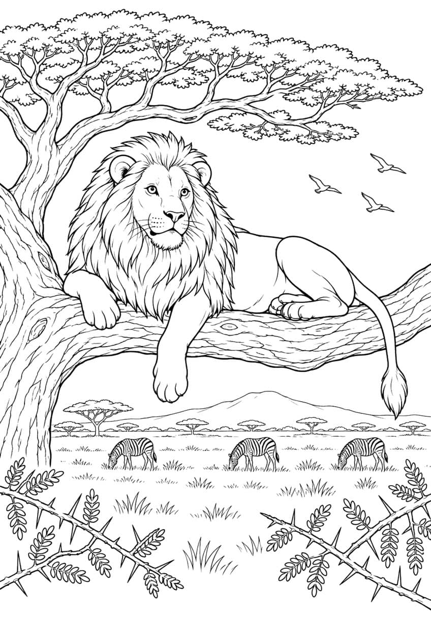 Coloring page of a lion lying on a tree branch, with zebras grazing on the savanna below