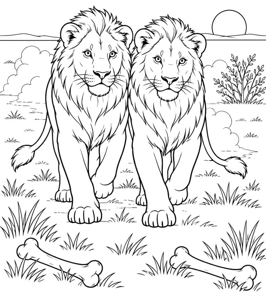 Coloring page of two male lions walking side by side through savanna grass