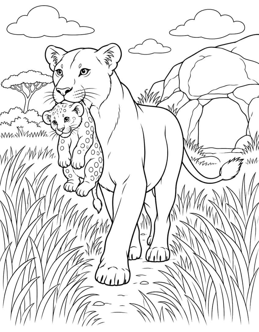 Lioness carrying a spotted cub in her mouth along a grassy savanna path coloring page