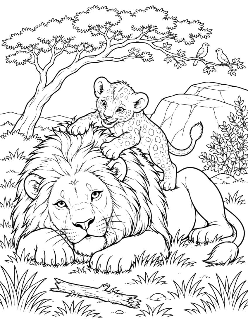 Coloring page of a spotted lion cub climbing on a resting male lion under a tree