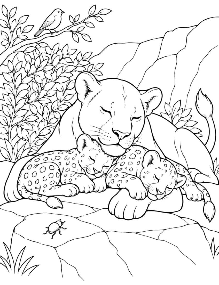 Coloring page of a sleeping lioness with two spotted cubs on rocks, a bird and a beetle nearby