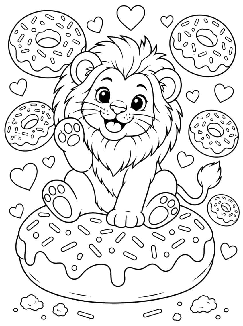 Coloring page of a cartoon lion cub on a big sprinkled donut, surrounded by donuts and hearts
