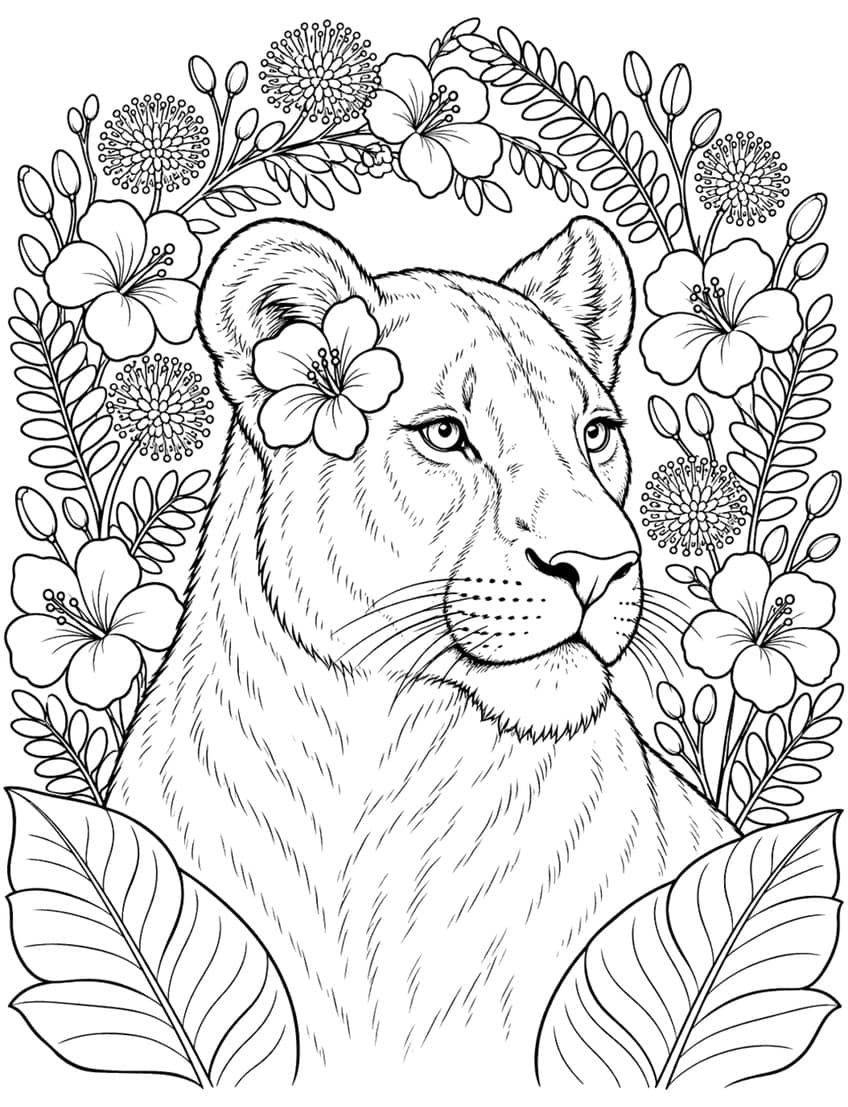 Lioness portrait coloring page with a hibiscus by her ear, framed by flowers, ferns and leaves