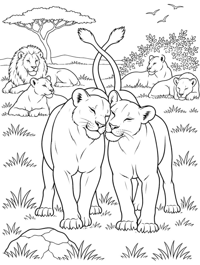 Coloring page of two lionesses rubbing heads in the grass with a resting lion pride behind them