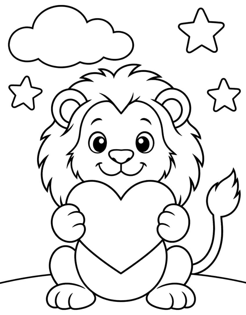 Coloring page of a cute cartoon lion cub holding a big heart under a cloud and stars