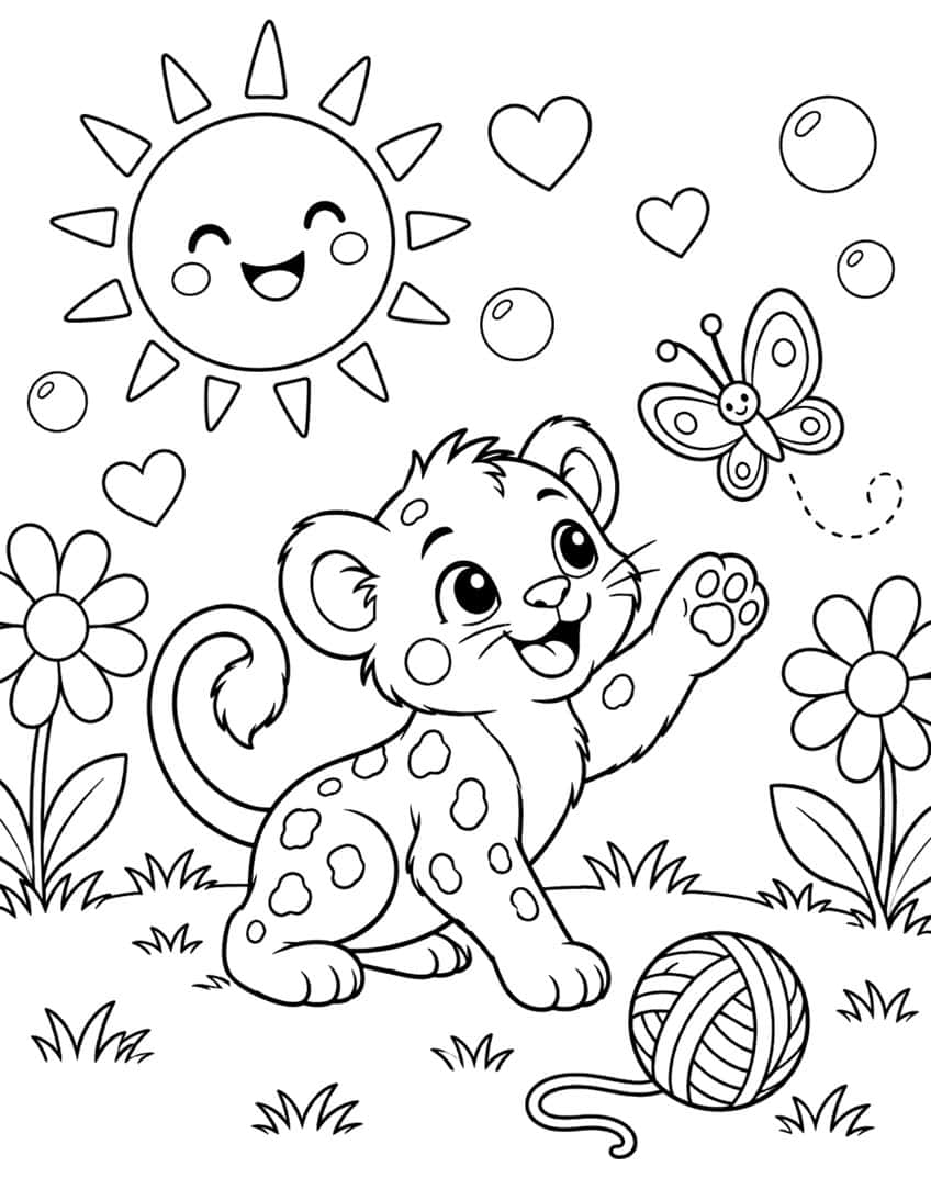Coloring page of a cute spotted lion cub waving at a butterfly next to a ball of yarn under a smiling sun