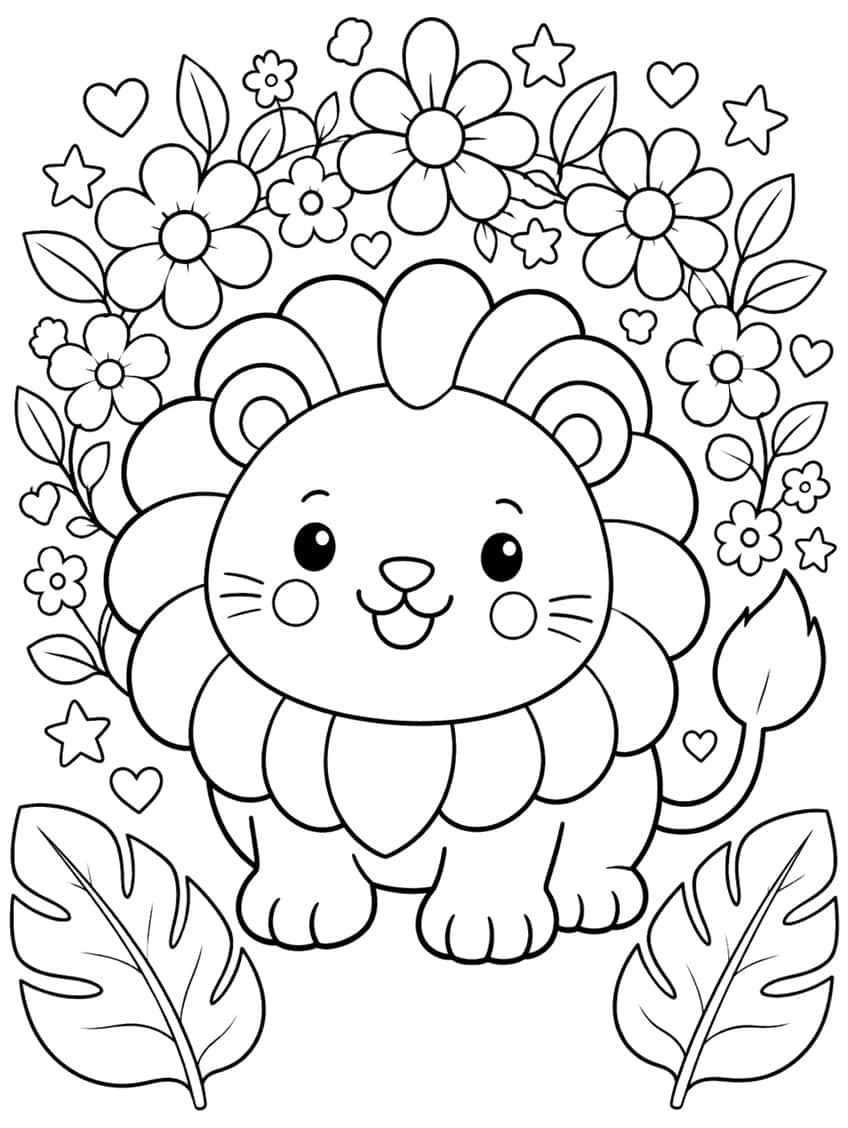 Cute kawaii lion coloring page with a petal mane, surrounded by flowers, stars and hearts