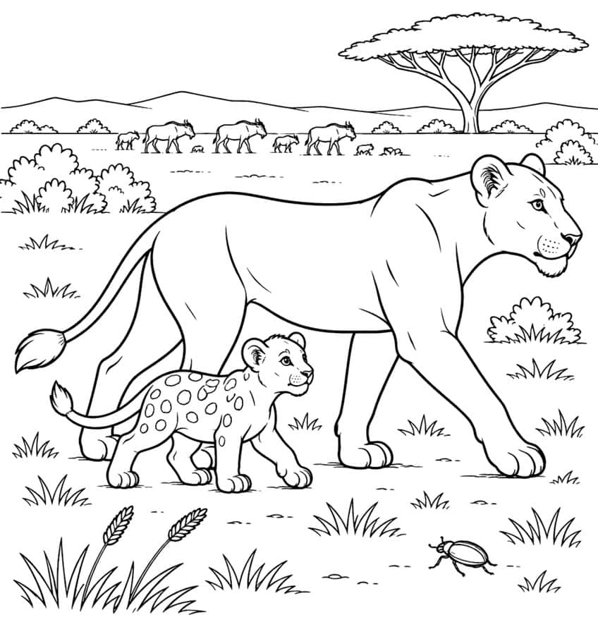 Lioness and spotted cub walking through savanna grass, wildebeest herd in the background